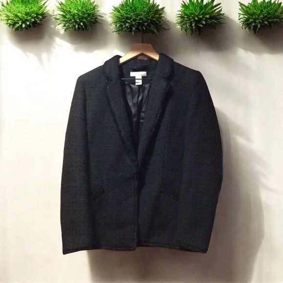 H&M Woman’s black Tweed BLAZER FRAYED Hems COAT JACKET Wool Blend size 12 - Picture 1 of 7